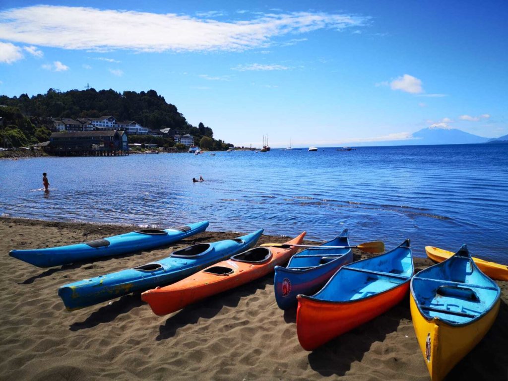 kayak region of lakes frutillar on a lake facing the volcano in Chile