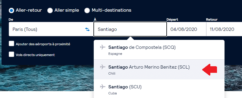 Search international flight to Santiago de Chile