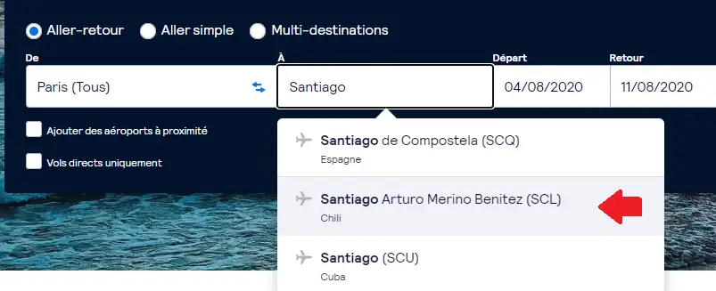 Recherche vol international vers Santiago du Chili