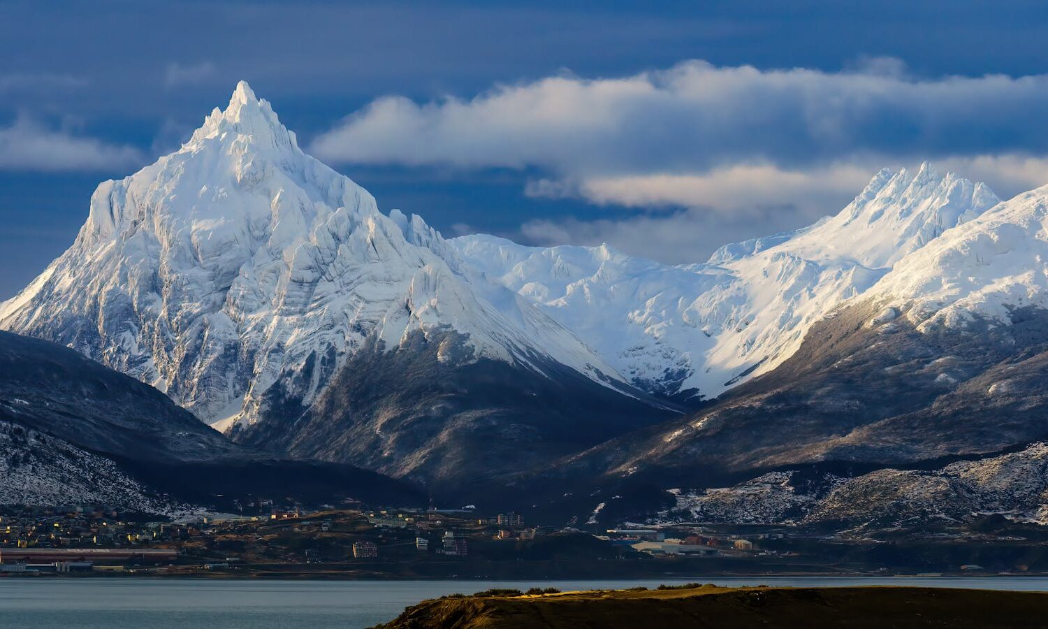 A breathtaking view of snow-capped mountains in Ushuaia, Tierra del Fuego, Argentina.