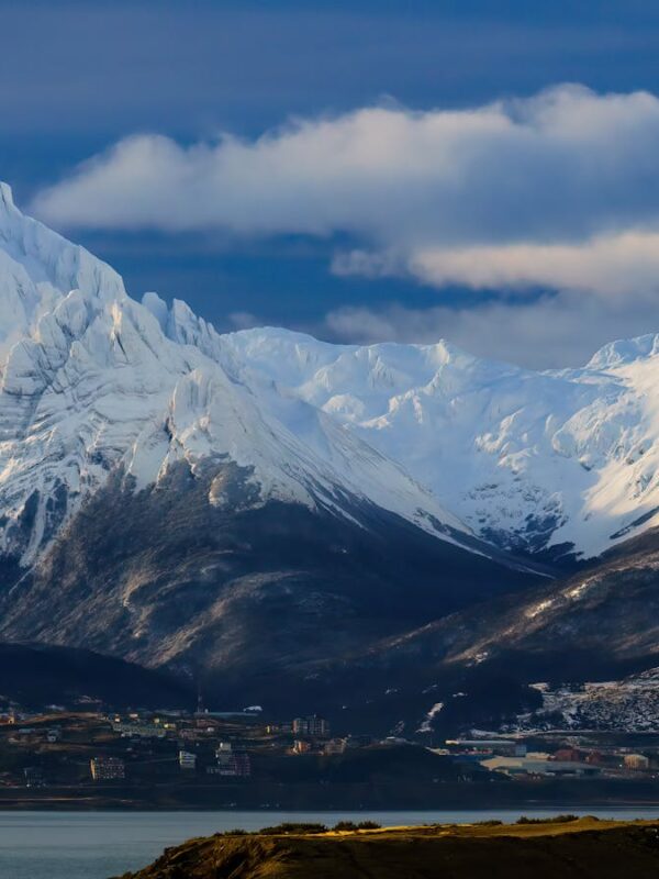 A breathtaking view of snow-capped mountains in Ushuaia, Tierra del Fuego, Argentina.