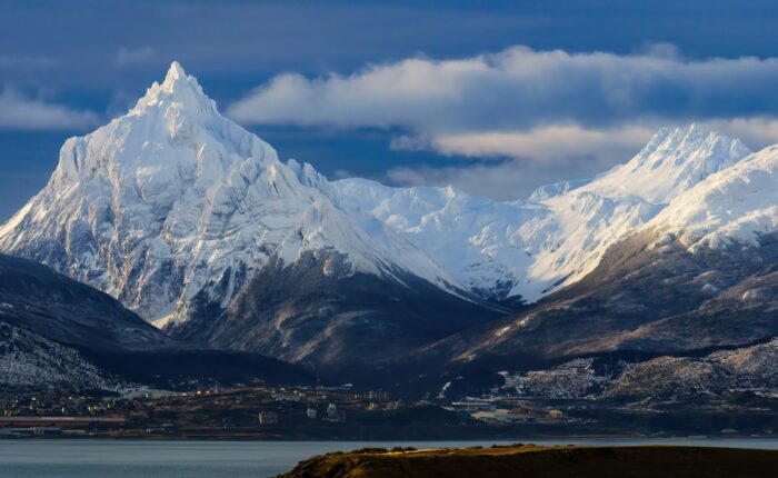A breathtaking view of snow-capped mountains in Ushuaia, Tierra del Fuego, Argentina.